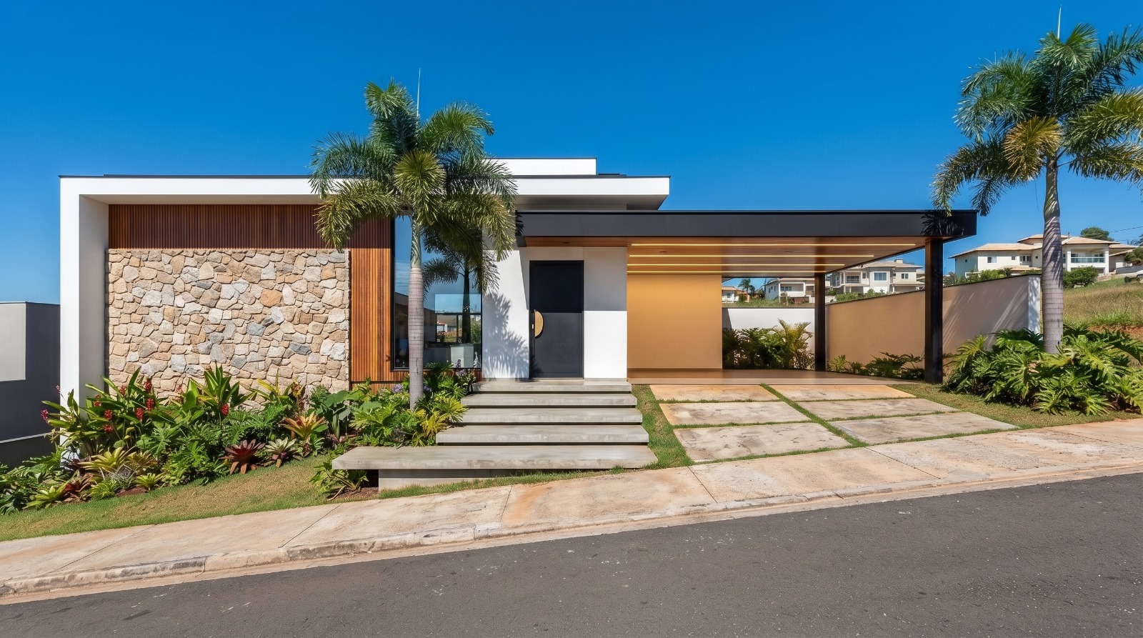 Fachada diurna da Casa Integrada com pedra natural, madeira e paisagismo tropical