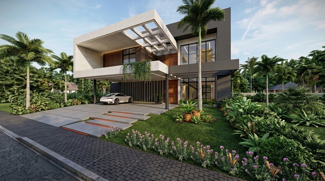 Fachada contemporânea com pergolado, volumes em concreto, palmeiras e paisagismo tropical