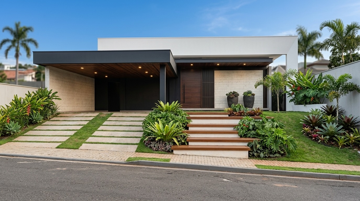 Fachada da Residência Essencial com volumes claros, madeira e paisagismo tropical