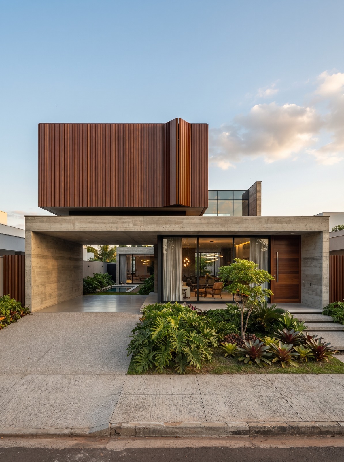 Fachada contemporânea do projeto Sala Luz com concreto, madeira e paisagismo tropical